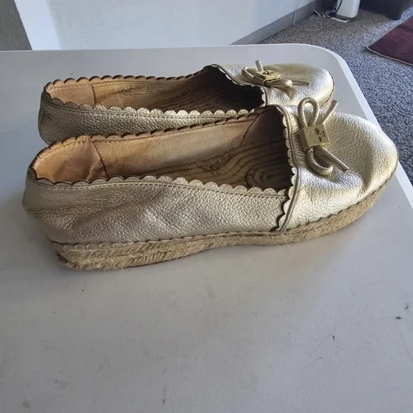 Kate Spade Platform Loafers 7.5 Gold Metallic Women Loranne Slip On Accents Bow - Picture 9 of 13